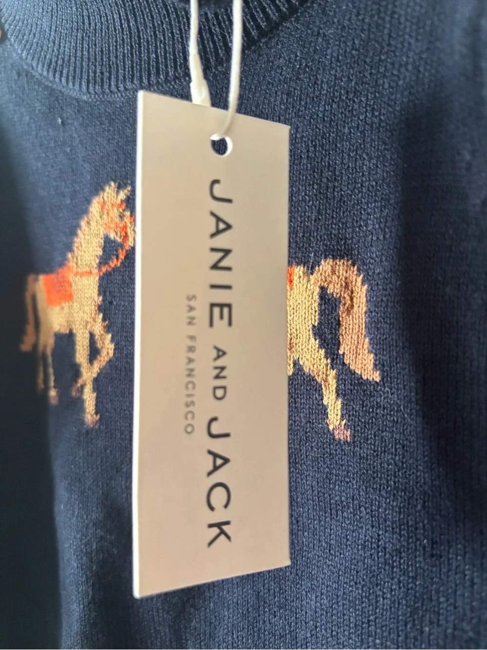 Janie and Jack Girls Dark Marine Horse Sweater - Navy. Size 12-18 months